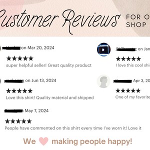May include: Customer reviews for a shop with five-star ratings and positive comments about the quality of the products and the seller. The text reads "Customer Reviews for Our Shop" and "We heart making people happy!"