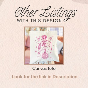 May include: A white canvas tote bag with a pink illustration of a cowgirl balancing on a disco ball, holding a lasso. The tote bag has the text "Canvas tote" and "Look for the link in Description". The background has the text "Other Listings with this Design".