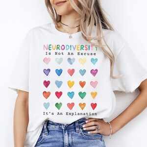 May include: White t-shirt with the text "Neurodiversity is not an excuse, it's an explanation." The text is in rainbow colors and is surrounded by a grid of 36 watercolor hearts in various colors.
