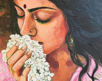Jasmine Print South Asian Art Pakistani Art Indian Woman Art Indian Painting Indian Wall Art Desi India Artwork Indian Canvas Indian Decor