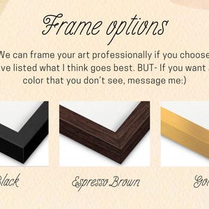 Pu&ograve; includere: Una grafica intitolata Frame options che mostra tre campioni d'angolo di cornici per foto in nero, marrone espresso e oro. Il testo recita: We can frame your art professionally if you choose I've listed what I think goes best. BUT- If you want a color that you don't see, message me:)