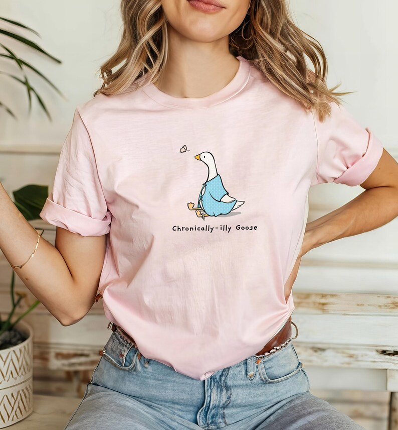 May include: A pink t-shirt with a cartoon goose wearing a blue robe and the text "Chronically-illy Goose".
