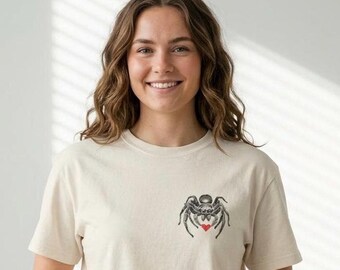 Boxy-T-shirt, shirt springspin, dames T-shirt houtsnede stijl, cadeau spinachtige minnaar, T-shirt zwarte spin, door de natuur geïnspireerde grafische top