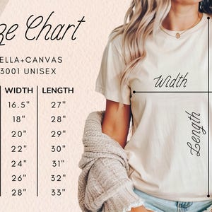 Puede incluir: Tabla de tallas para una camiseta unisex Bella + Canvas 3001. La tabla muestra las medidas de ancho y largo en pulgadas para las tallas XS a 3XL.