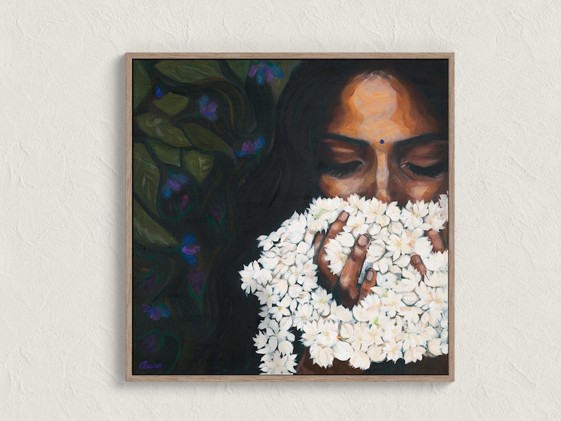 Jazmín Estampado Arte del sur de Asia Arte pakistaní Arte de mujer india Pintura india Arte mural indio Obra de arte india Desi Lienzo indio Decoración india imagen 2