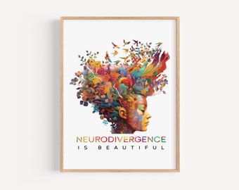 May include: A colorful abstract illustration of a person's head with a swirling design of flowers, birds, and buildings. The text "Neurodivergence is Beautiful" is written below the illustration.