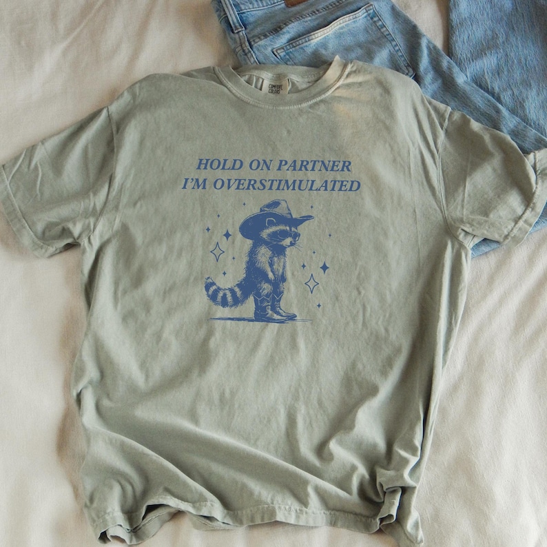 K&ouml;nnte beinhalten: Ein hellgr&uuml;nes T-Shirt mit einer blauen Grafik eines Waschb&auml;ren, der einen Cowboyhut tr&auml;gt, und dem Text "HOLD ON PARTNER I'M OVERSTIMULATED".