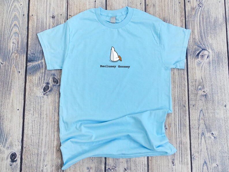 May include: A light blue t-shirt with a cartoon goose sitting on its feet and the text "Reclusey Goosey".