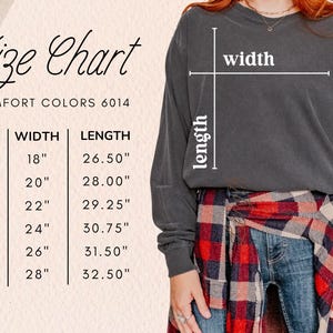 K&ouml;nnte beinhalten: Gr&ouml;&szlig;entabelle f&uuml;r Langarmshirts in den Gr&ouml;&szlig;en S bis 3XL. Die Tabelle zeigt die Breite und L&auml;nge in Zoll.