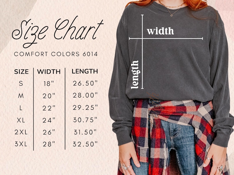 K&ouml;nnte beinhalten: Gr&ouml;&szlig;entabelle f&uuml;r Langarmshirts in den Gr&ouml;&szlig;en S bis 3XL. Die Tabelle zeigt die Breite und L&auml;nge in Zoll.