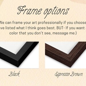 Puede incluir: Dos opciones de marcos para impresiones art&iacute;sticas. El marco izquierdo es negro s&oacute;lido con un acabado liso. El marco derecho es de color marr&oacute;n espresso oscuro con textura de veta de madera. El texto dice: Frame options.