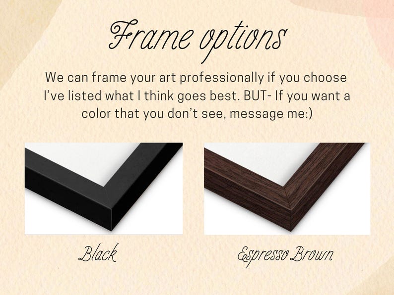 Puede incluir: Dos opciones de marcos para impresiones art&iacute;sticas. El marco izquierdo es negro s&oacute;lido con un acabado liso. El marco derecho es de color marr&oacute;n espresso oscuro con textura de veta de madera. El texto dice: Frame options.
