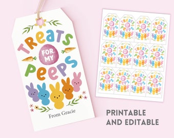 May include: Printable gift tags featuring a colorful illustration of pastel-colored chicks with the text "Treats for my Peeps" and "From Gracie".