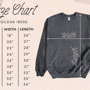 May include: Size chart for Gildan 18000 sweatshirts, showing width and length measurements in inches for sizes XS to 5XL.