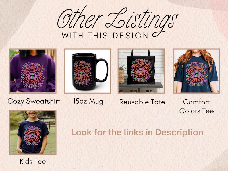 May include: A collage of different products featuring a design with the text "Make Space for a Multiverse Universe". The products include a purple sweatshirt, a black 15oz mug, a black reusable tote bag, a navy blue t-shirt, and a navy blue kids t-shirt.
