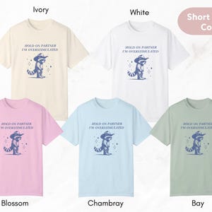 K&ouml;nnte beinhalten: F&uuml;nf T-Shirts mit kurzen &Auml;rmeln in verschiedenen Farben mit einem Grafikdruck eines Waschb&auml;ren, der einen Cowboyhut tr&auml;gt, und dem Text "HOLD ON PARTNER I'M OVERSTIMULATED". Die Farben sind Elfenbein, Wei&szlig;, Bl&uuml;te, Chambray und Bucht.