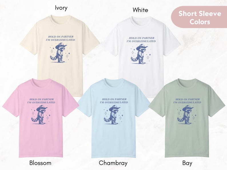 K&ouml;nnte beinhalten: F&uuml;nf T-Shirts mit kurzen &Auml;rmeln in verschiedenen Farben mit einem Grafikdruck eines Waschb&auml;ren, der einen Cowboyhut tr&auml;gt, und dem Text "HOLD ON PARTNER I'M OVERSTIMULATED". Die Farben sind Elfenbein, Wei&szlig;, Bl&uuml;te, Chambray und Bucht.