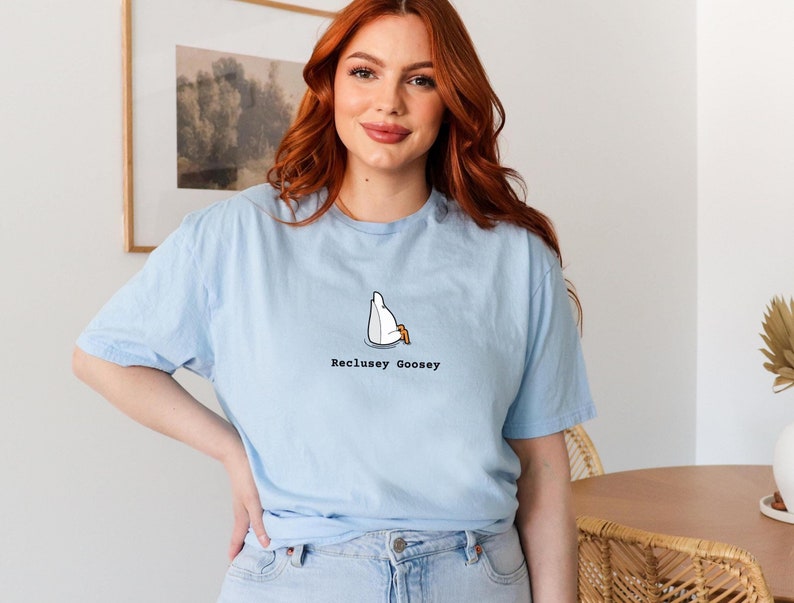 May include: A light blue t-shirt with a cartoon goose illustration and the text "Reclusey Goosey".