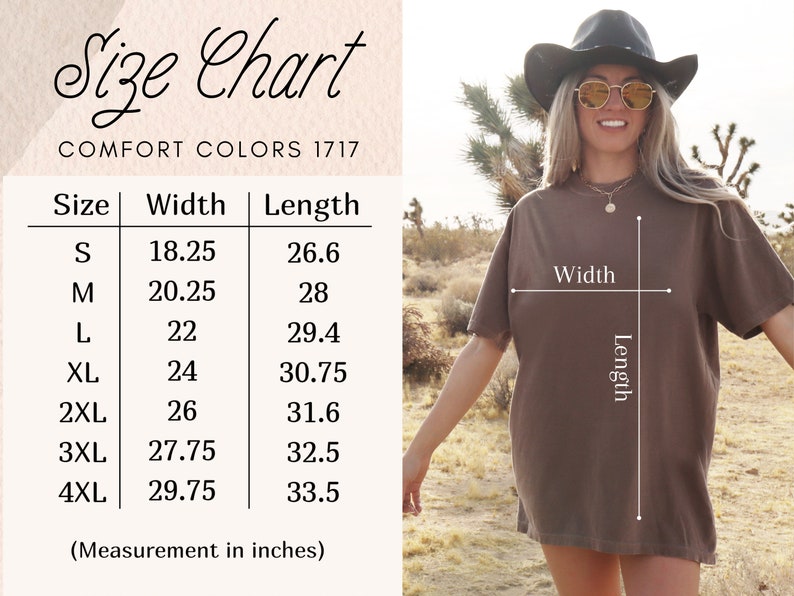 May include: A woman wearing a brown t-shirt, with a size chart displayed. The chart lists sizes S to 4XL, with corresponding width and length measurements in inches. The text "Size Chart" and "COMFORT COLORS 1717" are also visible.