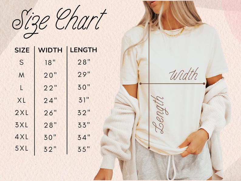 May include: Size chart for a t-shirt with measurements in inches. The chart shows the width and length of the shirt in sizes S, M, L, XL, 2XL, 3XL, 4XL, and 5XL.