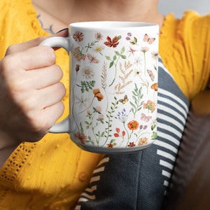 Pressed Flowers Mug, Boho Wildflowers Cottagecore Coffee Mug, Vintage ...