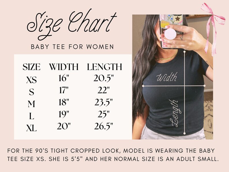 Peut inclure: Tableau des tailles pour un t-shirt b&eacute;b&eacute; pour femme, indiquant les mesures en pouces pour la largeur et la longueur. Le tableau comprend les tailles XS, S, M, L et XL. Le mannequin porte un t-shirt b&eacute;b&eacute; noir en taille XS.