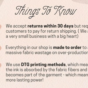 May include: Text graphic with three pink hearts and information about returns, custom orders, and direct-to-garment printing methods.