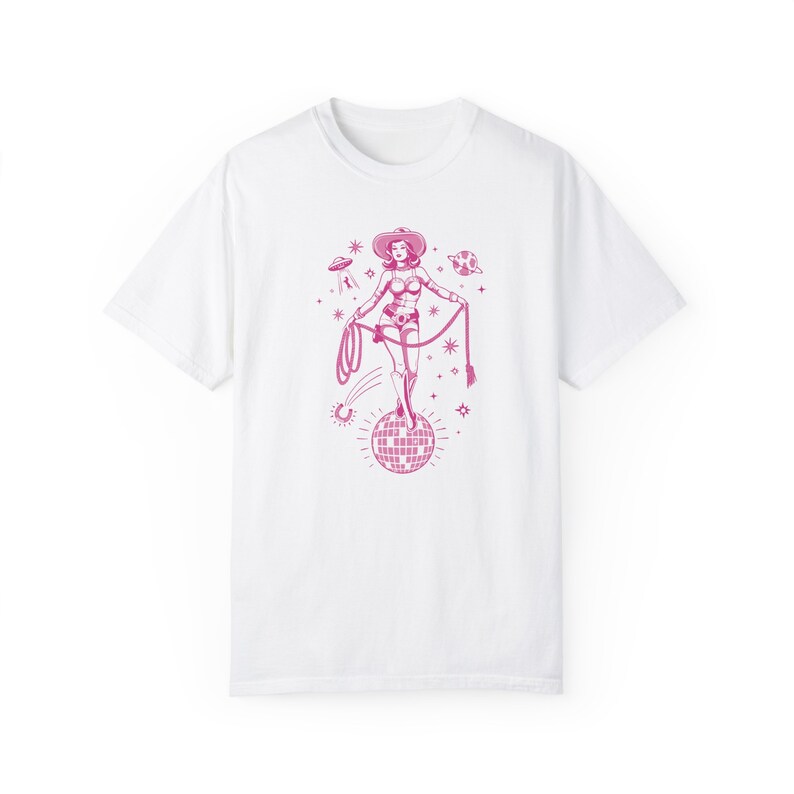 Comfort Colors Disco Cowgirl Shirt Space Cowgirl Shirt Cosmic Cowgirl Barbiecore Cowgirl Clothing Flying Saucer Shirt Cowgirl Bachelorette White