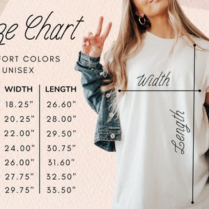 May include: Size chart for unisex t-shirts in sizes S through 4XL. The chart shows the width and length measurements in inches for each size.