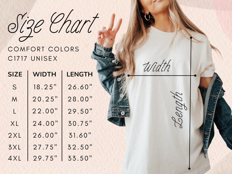 May include: Size chart for unisex t-shirts in sizes S through 4XL. The chart shows the width and length measurements in inches for each size.