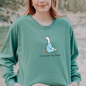 May include: A teal long-sleeve shirt with a cartoon goose wearing a blue jacket and the text "Chronically-Illy Goose" printed on the front.