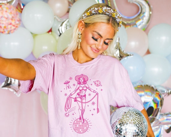 Comfort Colors Disco Cowgirl Shirt Space Cowgirl Shirt Cosmic Cowgirl Barbiecore Cowgirl Clothing Flying Saucer Shirt Cowgirl Bachelorette