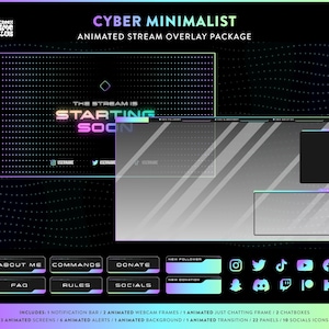 Animiertes Twitch / Kick Stream Overlay Paket, Cyber, Farbverlauf, Einfach, Modern, Dunkel, Gaming, Sci-Fi, Futuristisch, Sofort Download