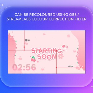 Puede incluir: Una pantalla de transmisi&oacute;n animada en rosa y blanco que indica que la transmisi&oacute;n comenzar&aacute; pronto, con un dise&ntilde;o de cerezas y flores. El texto "STARTING SOON" se muestra con un temporizador que muestra 02:56.