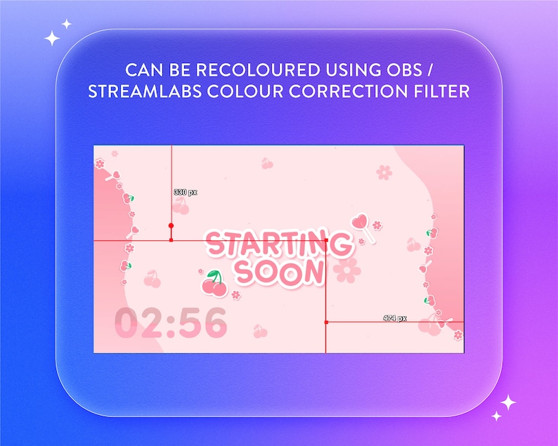 Puede incluir: Una pantalla de transmisi&oacute;n animada en rosa y blanco que indica que la transmisi&oacute;n comenzar&aacute; pronto, con un dise&ntilde;o de cerezas y flores. El texto "STARTING SOON" se muestra con un temporizador que muestra 02:56.