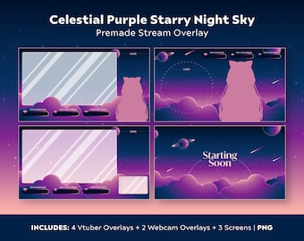 Celestial Purple Starry Night Stream Overlay: Vtuber, Webcam, Gaming (PNG)