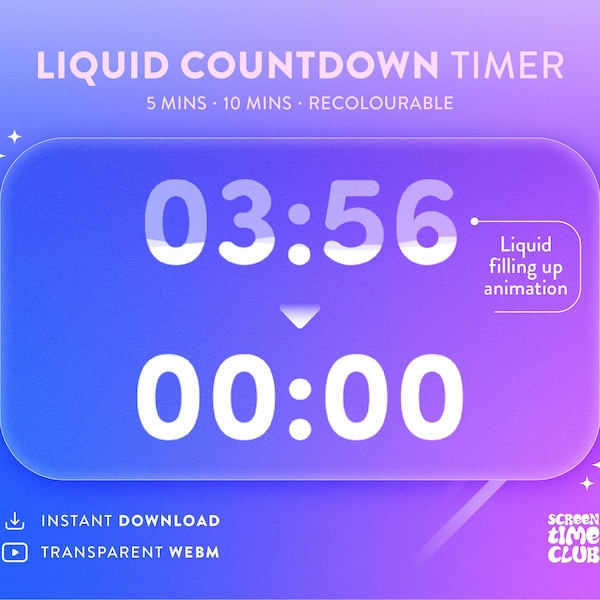 Flüssiger Countdown Timer für Twitch / Kick Stream Overlay, 5 Minuten, 10 Minuten, Ladebildschirm, Startet bald, Sofort Download