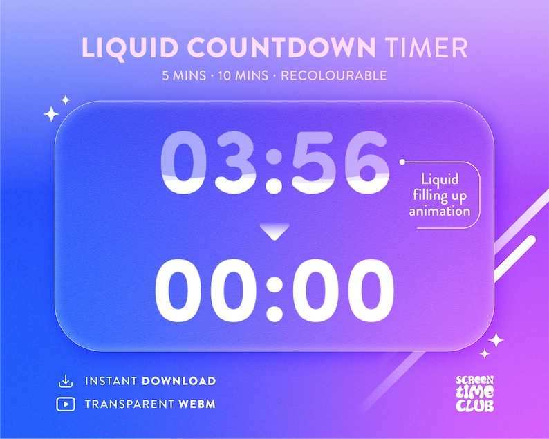 Puede incluir: Un fondo degradado morado y azul con un temporizador de cuenta regresiva l&iacute;quido blanco. El temporizador muestra 03:56 y 00:00. El texto "Animaci&oacute;n de llenado de l&iacute;quido" est&aacute; en un cuadro blanco. El texto "DESCARGA INSTANT&Aacute;NEA" y "WEBM TRANSPARENTE" est&aacute;n debajo del temporizador. El texto "SCREEN time CLUB" est&aacute; en la esquina inferior derecha.