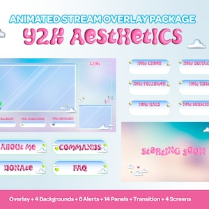 Animated Twitch / Kick Stream Overlay Package, Y2K Aesthetic, Pastel, Cute, Soft, 3D, Retro, Gaming, Vtuber