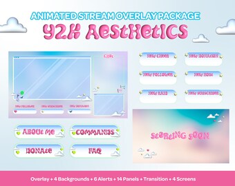 Paquete de superposición de transmisión de Twitch/Kick animado, estética Y2K, pastel, lindo, suave, 3D, retro, juegos, Vtuber