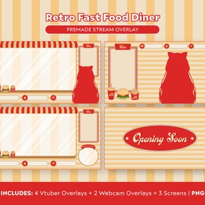 Retro Fast Food Restaurant Diner Twitch / Kick Stream Premade Overlay, Vtuber, Webcam, Gaming, Just Chatting, Cute, 80s 90s, Red