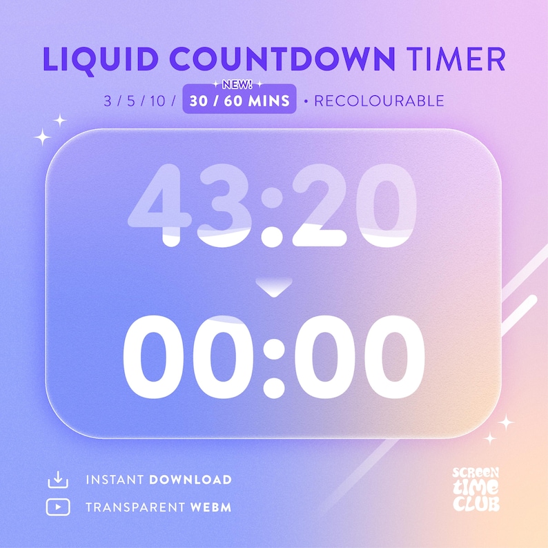 Animación de temporizador de cuenta regresiva líquida, superposición de transmisión con colores personalizables (descarga digital) imagen 1