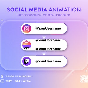 Custom Social Media Lower Thirds, Rotating Looped Animation, Follow Pop Up, Youtube Video Intro / Twitch Kick Stream Overlay, Up to 5