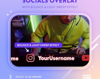 Custom Socials Lower Thirds Animated Overlay, Light Sweep Bounce Effect, Twitch Kick Stream