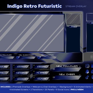 Pacchetto sovrapposizione animato Twitch Kick Stream, retrò, futuristico, semplice, cromato, indaco, blu, scuro, astratto, Y2K, fantascienza
