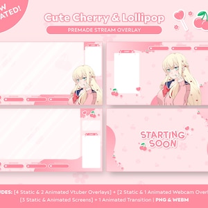 Paquete de superposiciones animadas de piruletas de cereza para transmisiones en vivo, Kawaii Vtuber (PNG y WEBM)