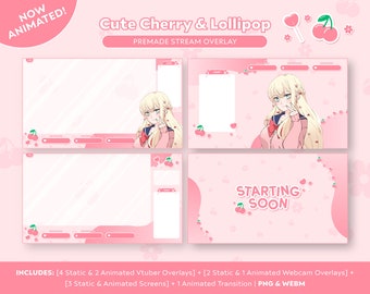 Animated Cherry Lollipop Stream Overlay Package, Kawaii Vtuber (PNG & WEBM)