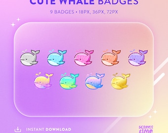 Cute Whale Stream Badges, Twitch Sub Badges, Discord Emotes (Instant Download PNG)