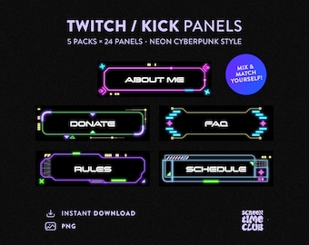 Neon Cyberpunk Twitch Kick Panels, 5 Packs of 24 Panels, Streaming, Instant Download