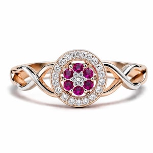 Ruby Halo Ring Zilveren Infinity Band, Moissanite Accent Ring, Vintage Bloem Verlovingsring, Belofte Ring voor Haar